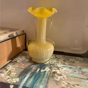 Gorgeous Hand Blown Yellow and White Vase with Handles